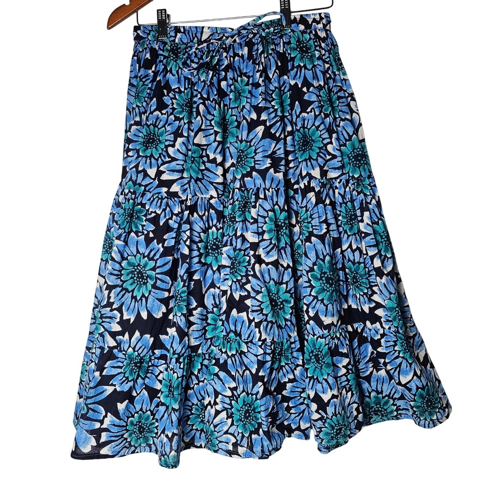 Jane Ashley Tiered‎ Floral Midi Skirt Blue Green Peasant 100% Cotton Boho Medium